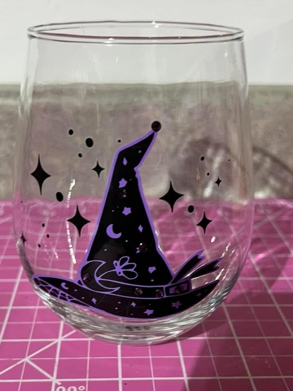 Purple and orange Witch Hat Illustrated Stemless Glasses with rhinestones set/2